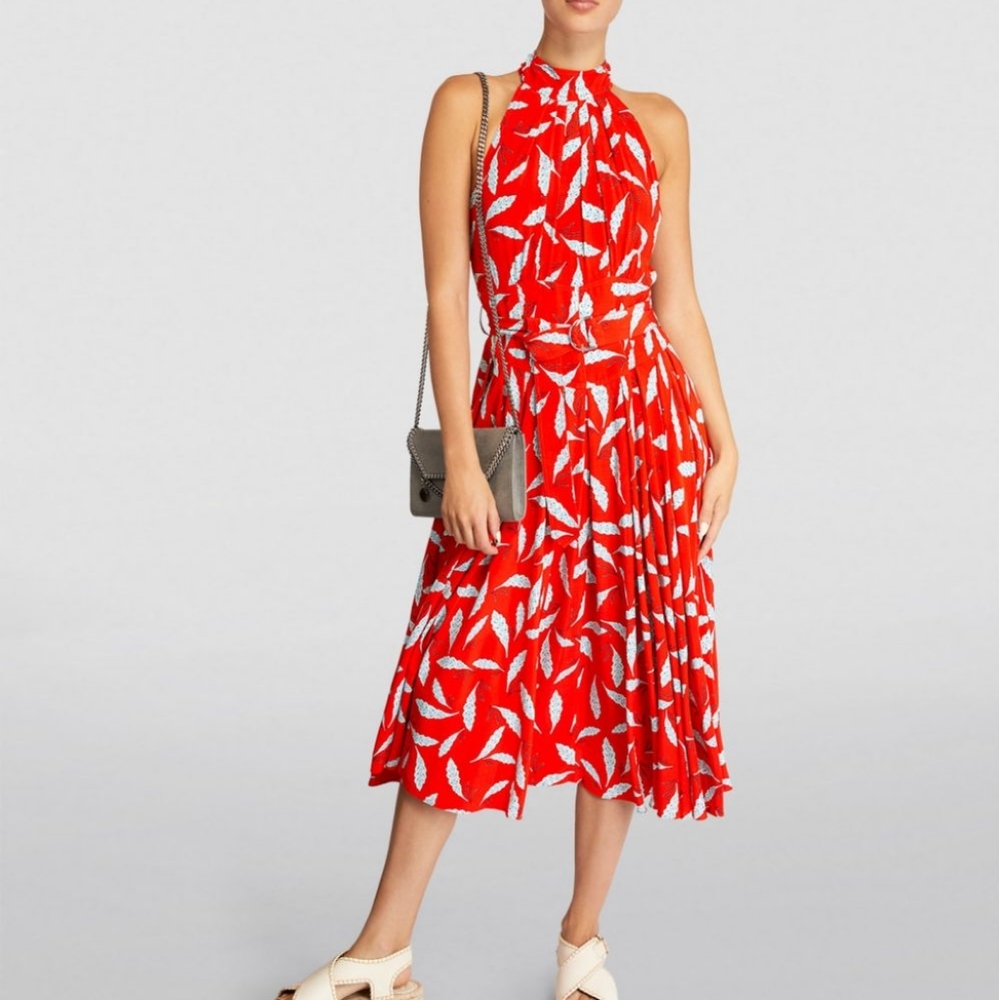 Diane Von Furstenberg Red and White Leaf Print Midi Dress